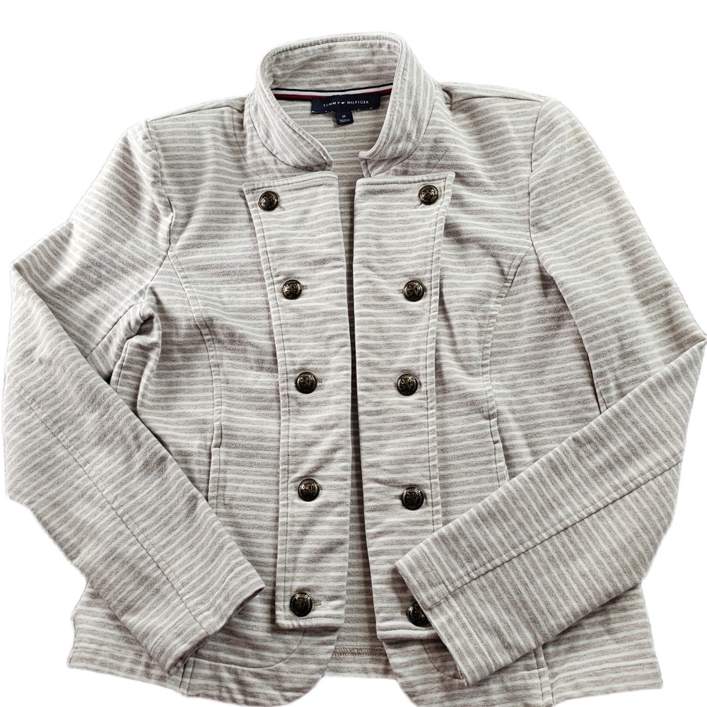 Tommy Hilfiger Blazer Jacket Womens M Tan Striped Military Knit Double Breasted